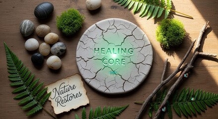 A cracked stone displaying the words Healing Core with a green light