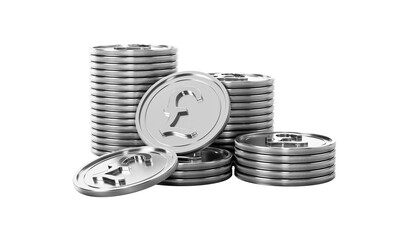Shiny silver pound coins stacked, representing finance and wealth.