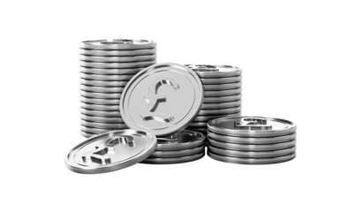 Shiny silver pound coins stacked, representing finance and wealth.