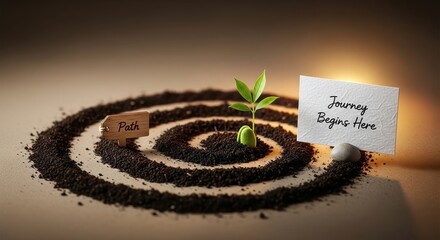 A small plant sprouting from soil along a path of beginning