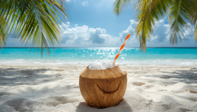 Fresh coconut water in natural brown shell placed on tropical beach background, symbolizing summer vacation, organic hydration, and healthy natural lifestyle refreshment