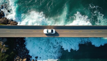 Aerial view shows white car driving on long modern highway bridge. Beneath, powerful ocean waves crash onto rocky coast, creating turbulent water with white foam. Vehicle travels coastal road,