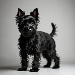 Naklejka premium Cute black fluffy dog stands confidently in photo studio. Small terrier pet alert stance, looking forward. Expressive face shows playful personality on clean light grey background, ready to play.