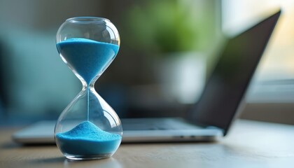 Close photo of blue sand hourglass. Sand flows down representing passing time. Blurred laptop on table in the background. Concept of deadlines and time management.