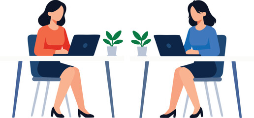 Two businesswomen collaborating and working on laptops at desks, seated and facing each other, with plants