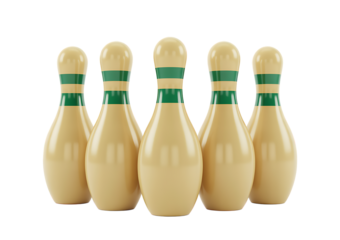 Isolated classic group of five bowling pins, sports equipment, standing up, traditional

