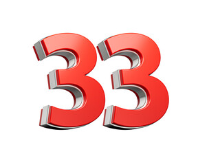 Bold Vibrant Red Number Thirty three Number 33 With Metallic On White Background 3D Illustration