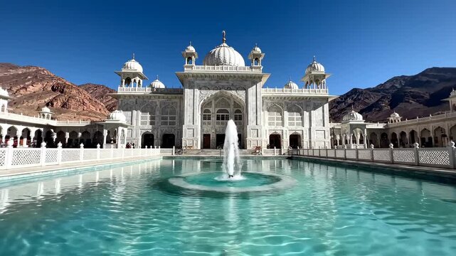 Aga khan palace in hunza valley, pakistan, with its white marble architecture reflected in the serene pool water guru nanak jayanti