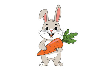 Obraz premium Adorable smiling rabbit character holding a big carrot, isolated on a white background.