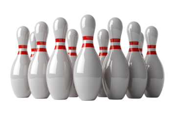 Ten white bowling pins with red stripes arranged in a formation graphic design isolated on a transparent background
