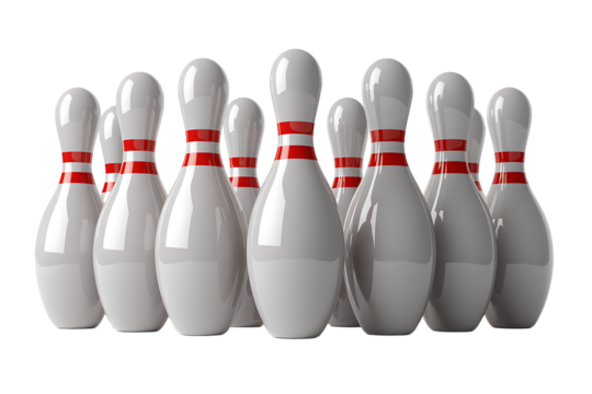 Ten white bowling pins with red stripes arranged in a formation graphic design isolated on a transparent background
