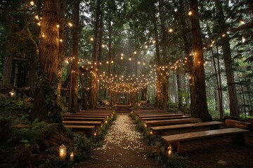 Obraz premium Enchanting outdoor forest wedding venue features hanging lights among tall trees and natural beauty creating a romantic atmosphere