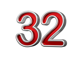 Vibrant Red Number Thirty two 32 With Metallic Gleam And Beveled Edges, 3D Illustration
