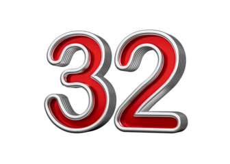 Vibrant Red Number Thirty two 32 With Metallic Gleam And Beveled Edges, 3D Illustration