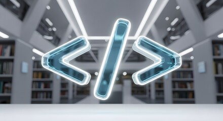Digital code symbols, greater than, less than, and slash, floating in a modern library or data center with bookshelves and bright lights, representing technology and information
