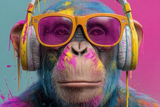 Colorful monkey wearing headphones enjoys a vibrant and artistic background filled with splashes of paint reflecting a playful and modern atmosphere at an art-inspired celebration