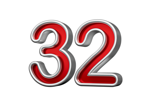 Vibrant Red Number Thirty two 32 With Metallic Gleam And Beveled Edges, 3D Illustration