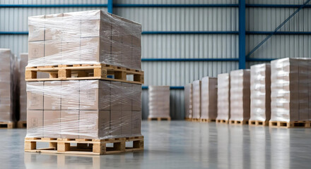 Medium shot of two stacked wooden pallets with boxed goods wrapped in clear plastic in a bright warehouse.	
