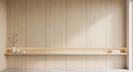 Minimalist interior design with warm wood panels, floating shelf and subtle lighting creating a calm ambiance