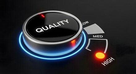 A closeup shot of a quality control dial set to high, with a glowing blue light around the knob and a red indicator light on the high setting, symbolizing excellence and superior standards