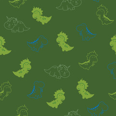 Cute dinosaur flat cartoon seamless pattern illustration on green background
