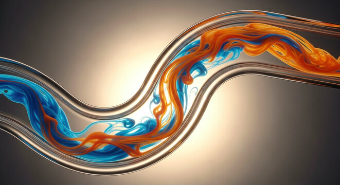 Dynamic microfluidic flow: intertwining blue and orange liquid streams