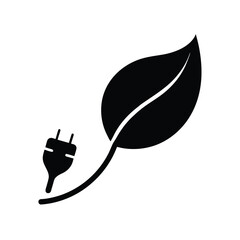 Minimal leaf with plug eco energy silhouette vector simple green electricity icon on white background