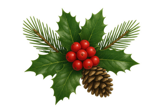 Fototapeta Christmas themed holly leaves, red berries, pine branch, and golden pine cone forming a festive winter decoration