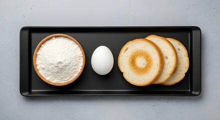 Ingredients for baking a bowl of flour, an egg, and slices of toast arranged on a black tray, topdown view