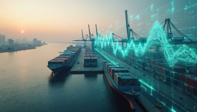 Shipping port with cargo ships reflects digital trade data analysis. Futuristic neon graphs visualize global market trends, economic fluctuations. Technology, industry, commerce are central themes.