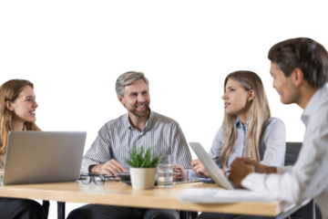 Group of happy progressive business people working on startup together on a transparent background