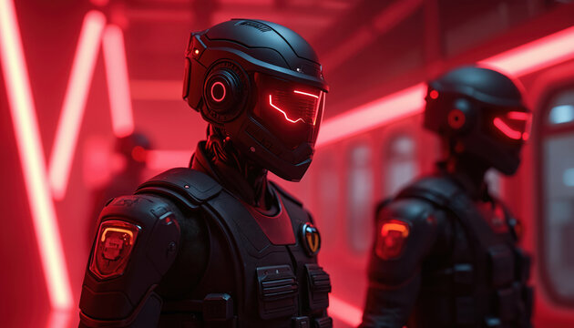 Robotic police officers in futuristic armor stand guard in a dimly lit station. Red neon lights illuminate the scene. Advanced AI law enforcement prepares for duty. - Powered by Adobe
