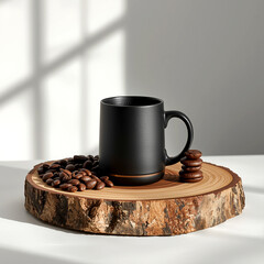 A sleek black coffee mug and a rich pile of aromatic beans resting on a rustic wooden stump, bathed in the soft, artistic light of the morning sun.
