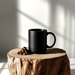 A sleek black coffee mug and a rich pile of aromatic beans resting on a rustic wooden stump, bathed in the soft, artistic light of the morning sun.