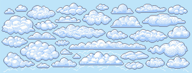 Pixel art clouds. Retro video game sky elements, pixelated cloud shapes and cloudy weather, blue sky cloudscape background. 8-bit puffy white clouds vector set