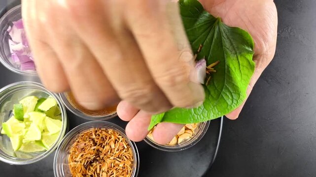 Savoury leaf wraps or Miang Kham  , Thai traditional food.