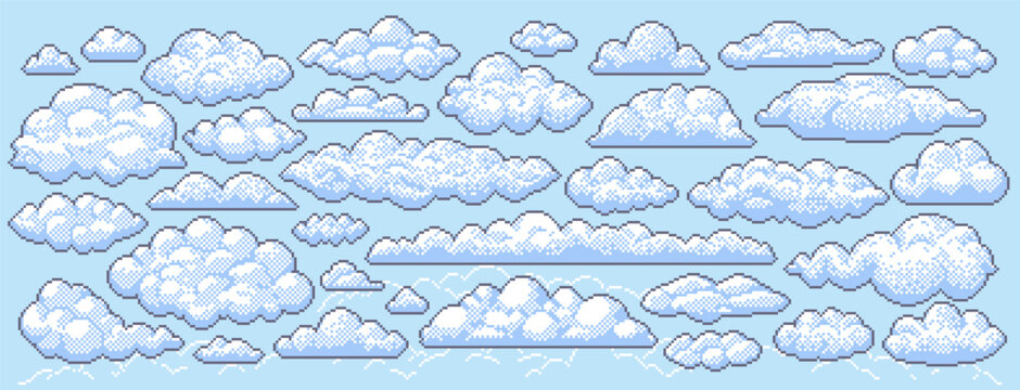 Pixel art clouds. Retro video game sky elements, pixelated cloud shapes and cloudy weather, blue sky cloudscape background. 8-bit puffy white clouds vector set