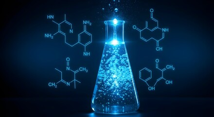 A glowing erlenmeyer flask filled with bubbling liquid, surrounded by glowing chemical formulas on a dark blue background, representing chemistry and science