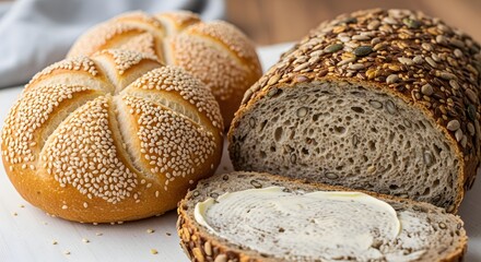 Freshly baked bread assortment including a round sesame seed bun and a sliced loaf topped with seeds, with one slice buttered