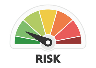 Low risk icon. Risk meter gauge with danger levels and measurement needle arrow. Investment risks measurement chart concept vector illustration 