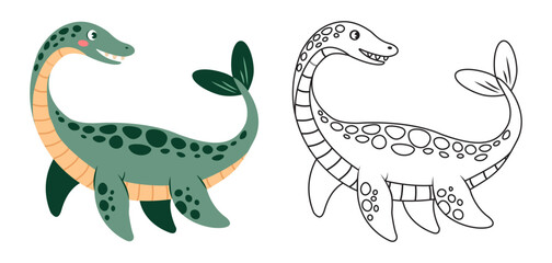Coloring book cute dinosaur plesiosaurus isolated on a white background.  Vector illustration.