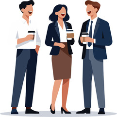 Fototapeta premium A team of business colleagues enjoy a coffee break together, standing and chatting. Vector illustration of professional communication and office networking