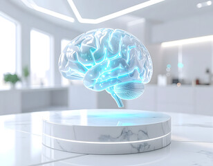 Brilliant glowing holographic brain levitating above a modern display podium symbolizing innovation, intelligence, and future technology breakthroughs in science and research