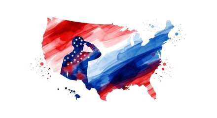 Watercolor Usa Map with Saluting Soldier Silhouette Honoring Military Service