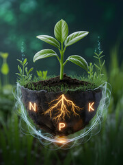 Vibrant young plant thrives on nutrient rich soil with glowing NPK roots, symbolizing growth and agricultural innovation in a lush green environment