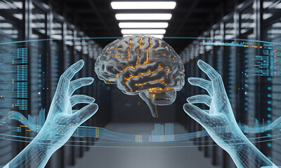 Futuristic AI brain with glowing circuits and holographic hands exploring data streams in a modern server room