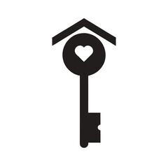 Simple house key with heart hole silhouette icon clean vector design for property and real estate symbol