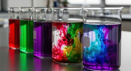 Colorful liquids mixing in beakers for scientific research
