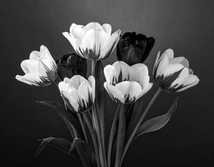 Monochrome Bouquet of Tulips Against Dark Background