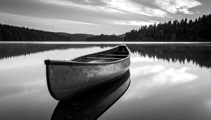 Monochrome Canoe on Calm Lake Reflecting Sky and Forest Landscape